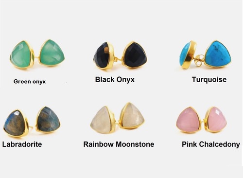 Gemstone Trillion Stud Earring - Gold Plated Gemstone Earrings For Women