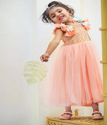 Girls' Party Frock - Net Fabric, Full Elastic Fit for Small & Large Sizes, Light Pink with Patch Work and Beaded Drawstrings, Hassle-Free Wear for Summer