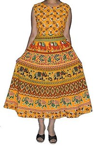 Rajasthani Traditional Long Midi Dress - 100% Pure Cotton, 50 Inch Length | Multi-Color, Ethnic Wear, Printed, Anti Wrinkle, Free Size Up to 44 Inch