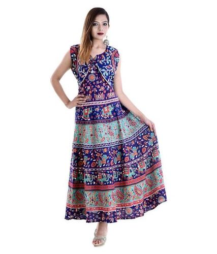 Multi Colour Traditional Women Jaipuri Long Jacket Attached Dress