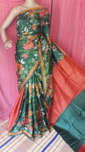 Digital Print Zari Green Tussar Saree