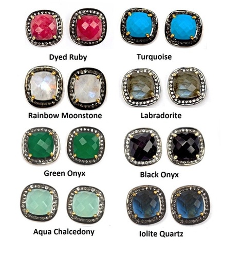 Beautiful Gemstone Cushion Pave Diamond Stud Earrings Diamond Clarity: I3