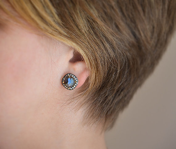 Beautiful Gemstone Cushion Pave Diamond Stud Earrings