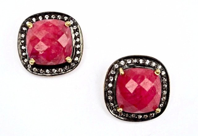 Beautiful Gemstone Cushion Pave Diamond Stud Earrings