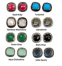 Pave Diamond Set Aqua Chalcedony Cushion Shape Gemstone Stud Earrings