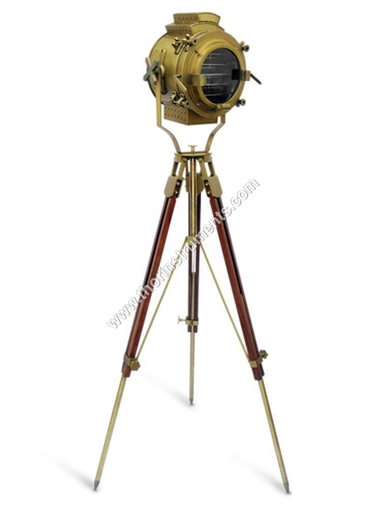 Nautical Antique Finish Brass Spotlight Searchlight Wooden Tripod Floor Lighting Stand Vintage Home Decor