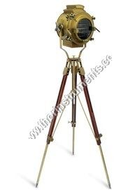 Nautical Antique Finish Brass Spotlight Searchlight Wooden Tripod Floor Lighting Stand Vintage Home Decor