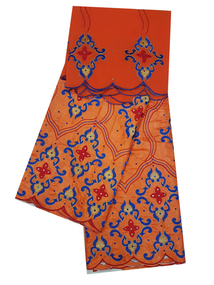 Orange Bazin Embroidery 5 meter with stones and 2.25 meter scarf head tie