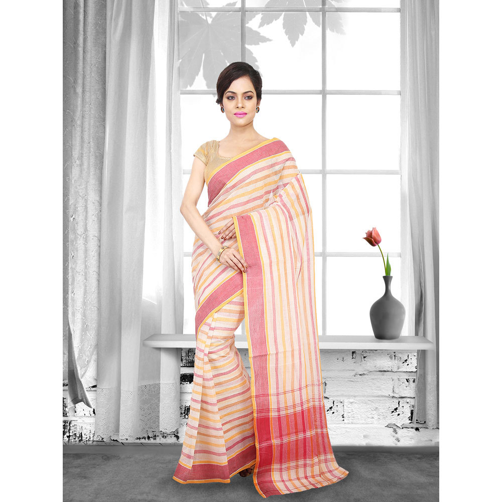 Ladies Pink Woven Cotton Striped Tant Saree