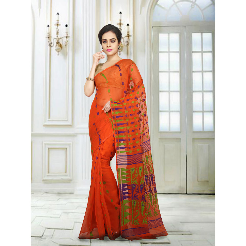 Ladies Orange Embroidered Jamdani Silk Cotton Saree