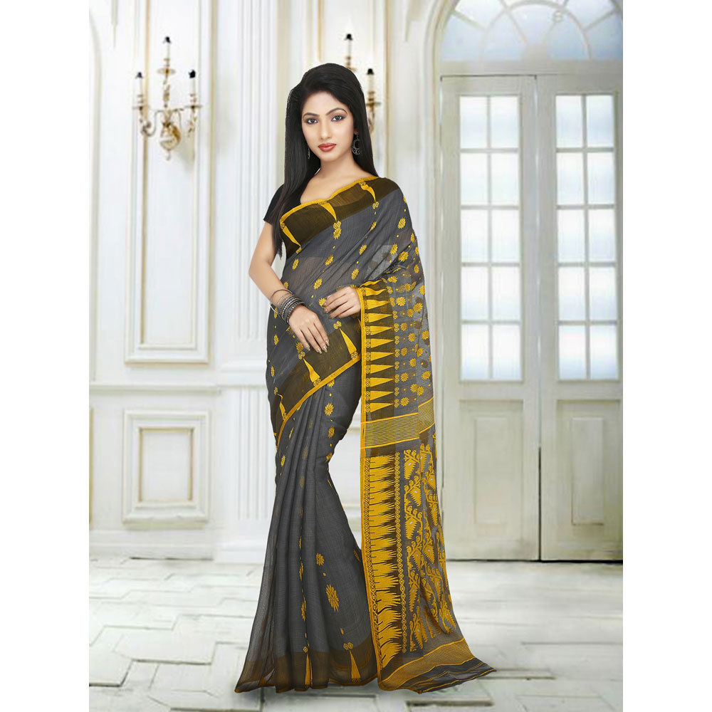 Ladies Black Embroidered Jamdani Silk Cotton Saree