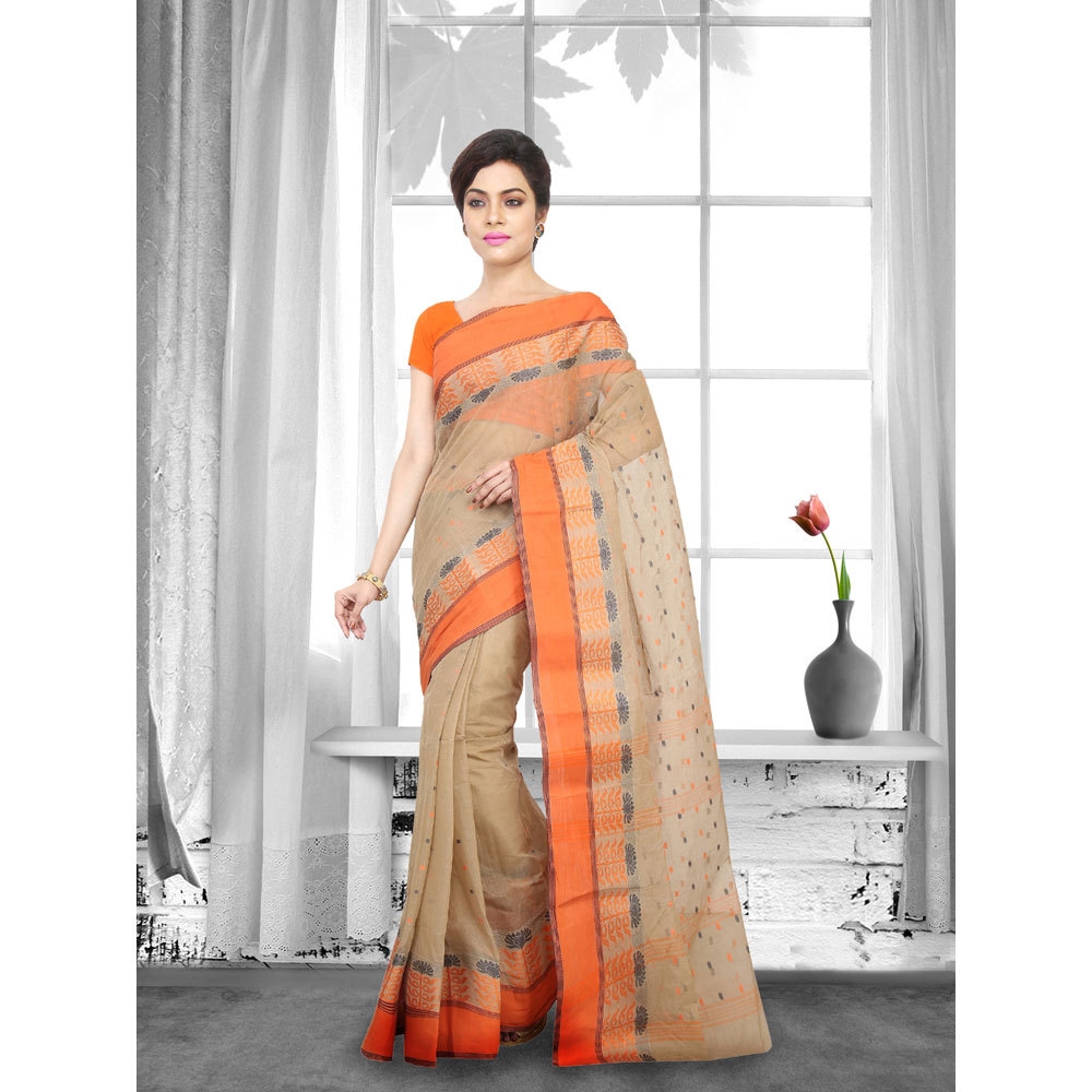 Ladies Beige Color Woven Tant Fancy Cotton Saree