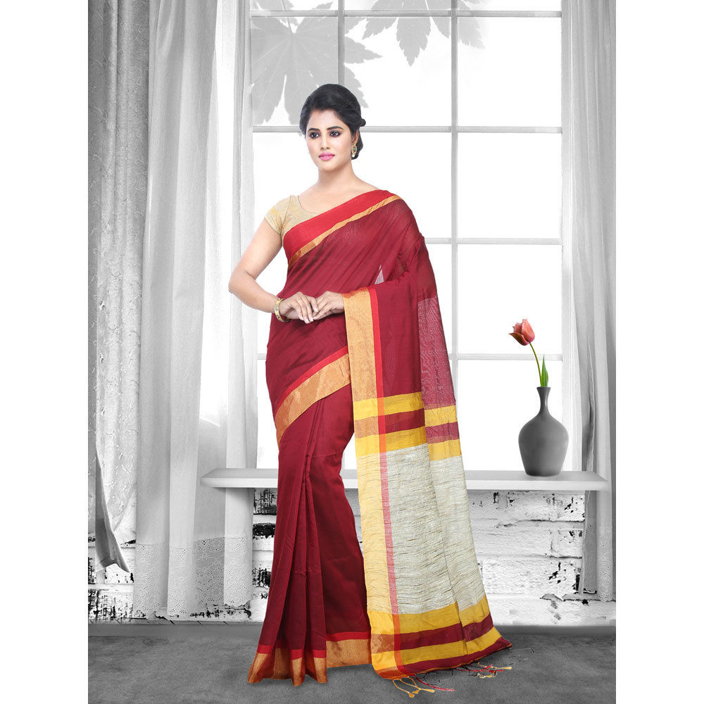 Ladies Maroon Color Woven Tant Cotton Saree