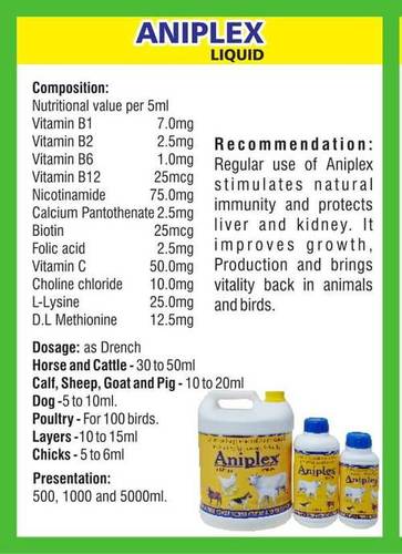 Vitamin, Amino Acid Liquid Feed Supplement (Aniplex) Ingredients: Chemicals