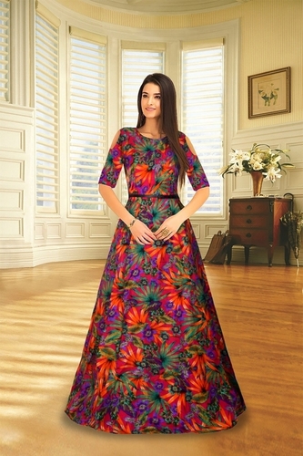 Western Orange Flower Print Gown - Color: Multicolor