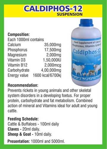 Calcuim, Vitamin, Minerals Phosphorous Feed Supplement (Caldiphos-12) Ingredients: Chemicals