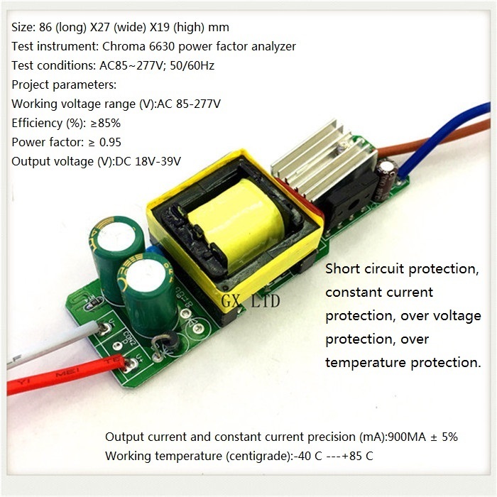 Built-in Led Driver Power Supply 6-12x3w Input Ac85-277v Output Dc18-39v/900ma5%