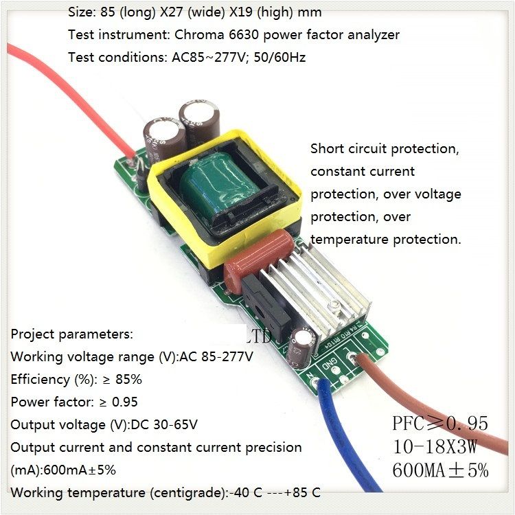 Built-in LED driver power supply 10-18X3W input AC85-277V output DC30-65V/600MA5%