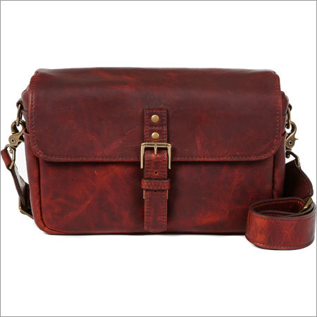 red leather camera bag