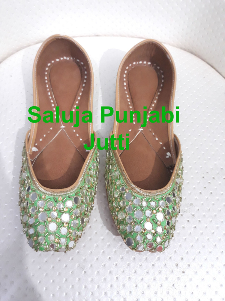 Punjabi Jutti - Leather & Cotton Blend, All Sizes from 5 to 10.5 USA, Green Color, Flat Heel Type with Customized Logo & Extra Padding for Ultimate Comfort
