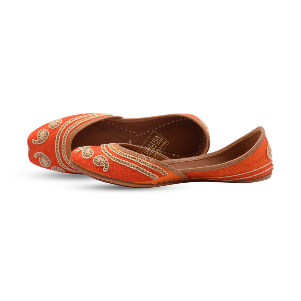 Designer Leather Jutti - Size 36-41 Orange Color with Extra Padding and Elegant Golden Embroidery Comfortable Flat Sole for All Seasons