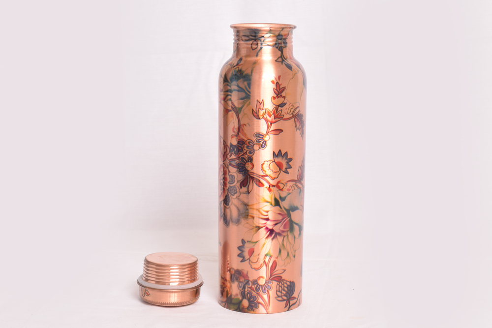 Printed Copper Water Bottle - 99.9% Pure Copper , Leak Proof Design with Silicon Seal, Easy Clean Wide Mouth, Free Ayurveda & Yoga Guide