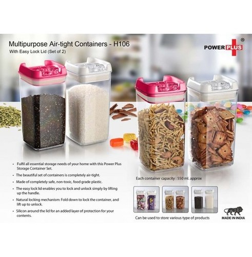 H106 - Multipurpose Air-Tight Containers (Set Of 2) - Food Grade Plastic 550 ml Capacity Elegant White Lids Easy Lock Handle Silicon Seal