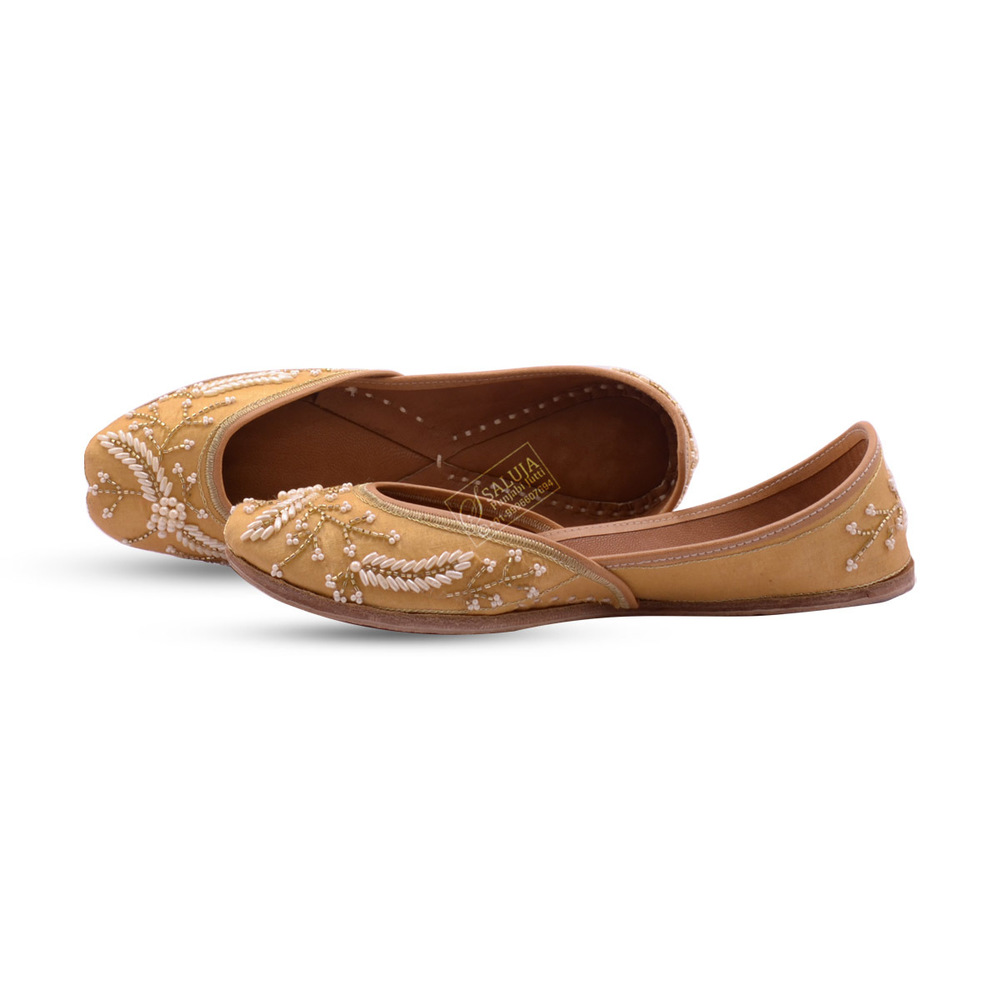 Beautiful Golden Punjabi Jutti With White Preal Work For Woman Heel Size: Flat