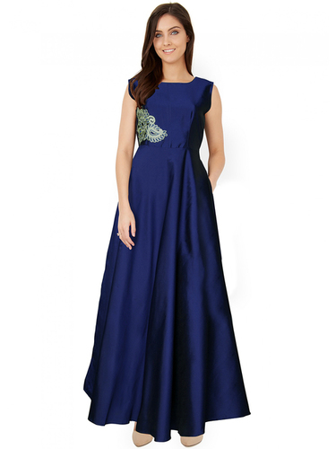Plain Stitched Blue Taffeta Silk Designer Gowns
