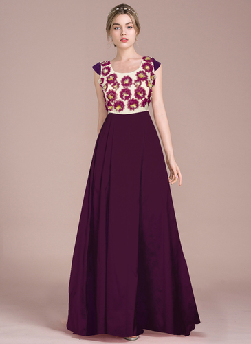 Maroon Crepe Silk Nirja Fab Purple Color Fancy Partywear Grown