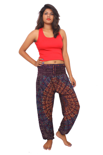 Rayon Harem Pants - Lightweight Maroon Fabric, Elegant Prints for Comfortable Movement, Ideal for Yoga and Dance