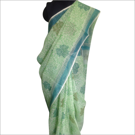 Green Floral Printed Voile Sarees