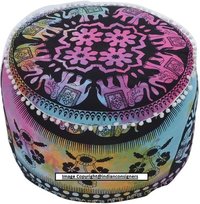 Round Cotton Pouf Cover - 100% Cotton, 22" Inch Diameter, Multi-color | Vintage Patchwork Design With Ombre Mandala Pattern, Zipper Closure