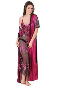 Satin Nighty - Full Length, Small Medium Large Sizes | Floral Pattern, Pink, Sleeveless, Soft Lycra