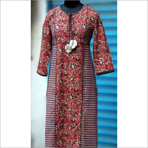 Ladies Long Kurti - Fine Quality Fabric, Customized Size, Prints with Kalamkari Pattern | Soft Texture, Color Fastness, Comfortable Long Sleeves