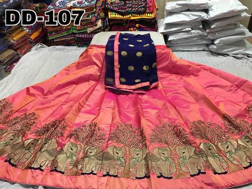 Lengha Choli - Silk Fabric, 42 Inches Length | Traditional Pink Design with Gold Embroidery for Wedding Occasions