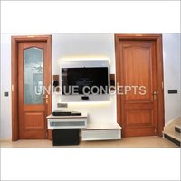 Designer Wooden Door - Wooden, 7x6 Feet, Brown | Eye-catchy Modern Design, Engraved Pattern, Polished Finish, Shiny Brass Handle