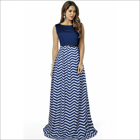 Blue Georgette Printed Western Dress - Feature: Washable