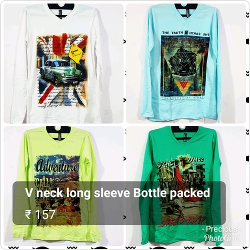 Mens T-Shirt - Long Sleeve, V-Neck Cotton Fabric, Printed Design in Blue, White, Black, Grey, Yellow, Red, Sky Blue, and Green Colors | Perfect for Casual Wear