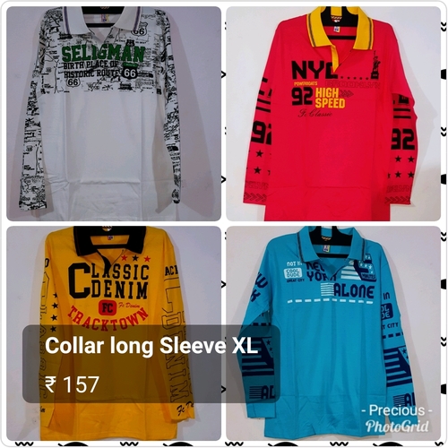 Mens T-Shirt - Cotton Long Sleeve Polo Neck, Printed Design in Blue, White, Black, Grey, Yellow, Red, Sky Blue, Green Options