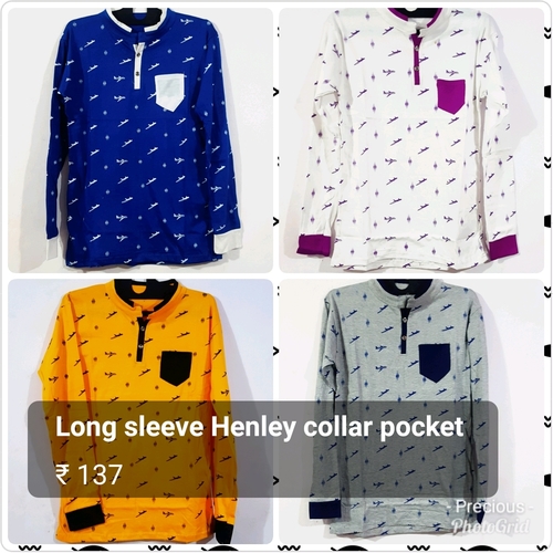 Men's Full Sleeve Printed Henley Collar T-Shirt - Cotton, Long Sleeves, Pocket Design | Available in Blue, White, Black, Grey, Yellow, Red, Sky Blue, Green