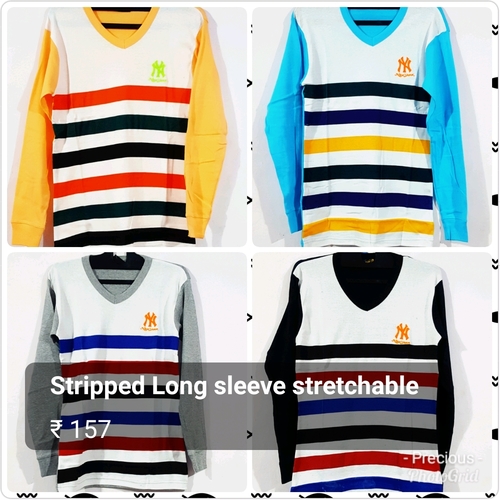 Mens T Shirt - V-Neck Long Sleeve Striped Fabric | Stretchable Spandex, Available in Blue, White, Black, Grey, Yellow, Red, Sky Blue, Green