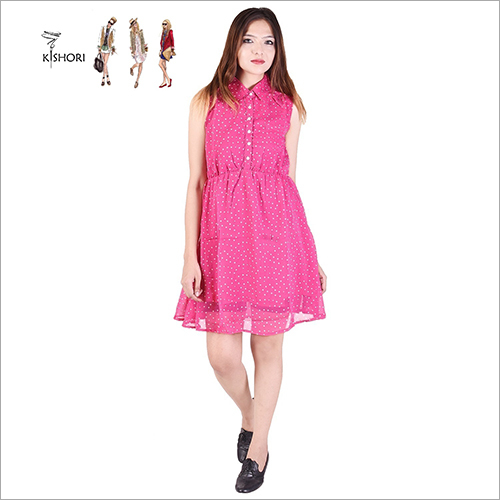 Ladies Polka Dot One Piece Dress - Cotton, 34 Inches, Pink | Stylish Design, Comfortable Fit, A-line Sleeveless