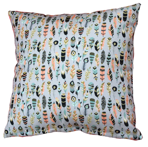 Digital Printed Feather Design Cushion Cover - Cotton Material, 40x40 cm (16x16 inches), Grey Color, Square Shape, Zipper Closure, Stylish Digital Print