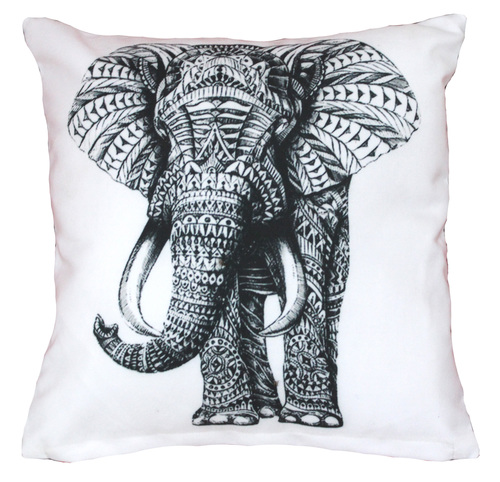 Digital Printed Elephant Design Cushion Cover - Poly Cotton 40x40 cm (16x16 inches), White Color, Square Shape, Zipper Closure, For Home & Garden Use