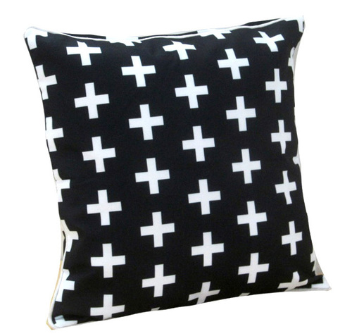Digital Printed Geometrical White Plus Design Cushion Cover - Poly Cotton 40x40 cm, Black Color, Square Shape, Zipper Closure, Digital Printed Pattern