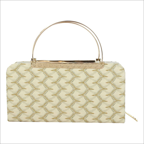 Ladies Clutch - Textile, 10x5x2 Inches, Beige | Elegant Design, Zipper Closure, Metal Handle