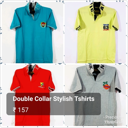 Mens Collar T Shirt - Cotton, Short Sleeves, Printed Design | Double Polo Collar, Available in Blue, White, Black, Grey, Yellow, Red, Sky Blue, Green