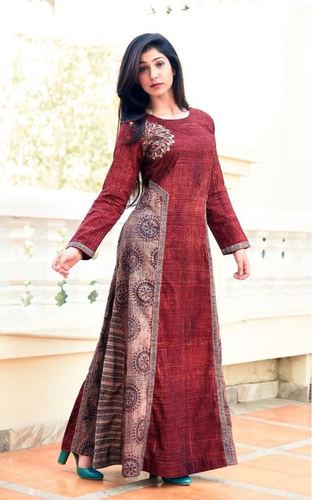 Cotton Hand Work Kurtis - Cotton, Multiple Sizes, Maroon | Handcrafted Embroidery, Elegant Long Sleeve A-line