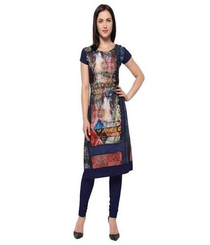 Navy Blue Crape Kurti - Round Neck, Short Sleeves | Digital Print Front and Sleeves, Casual Dress, Available in Sizes M-XXL